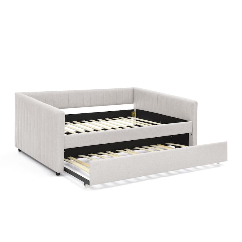 Full Size Daybed with Trundle Upholstered Sofa Bed, with Vertical Stripes, Linen Fabric, Beige (82.5"x58"x30")