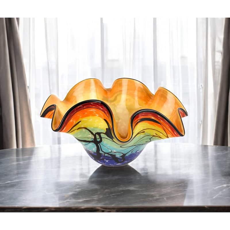 HomeRoots 17" Red Yellow and Green Wavy Glass Centerpiece Bowl