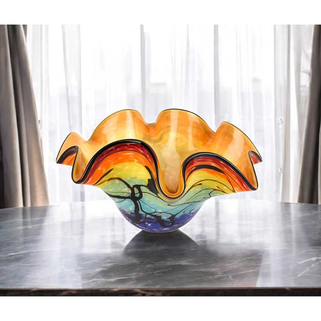 HomeRoots 17" Red Yellow and Green Wavy Glass Centerpiece Bowl