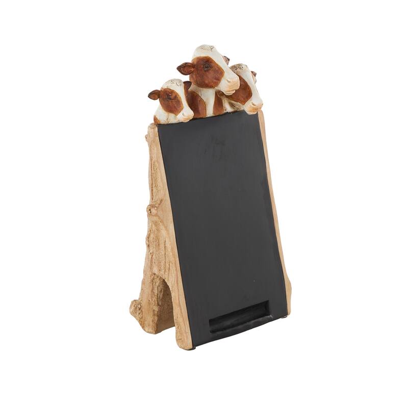 Black Polystone Chalkboard Cow Decorative Sign with Brown Tree Trunk Frame