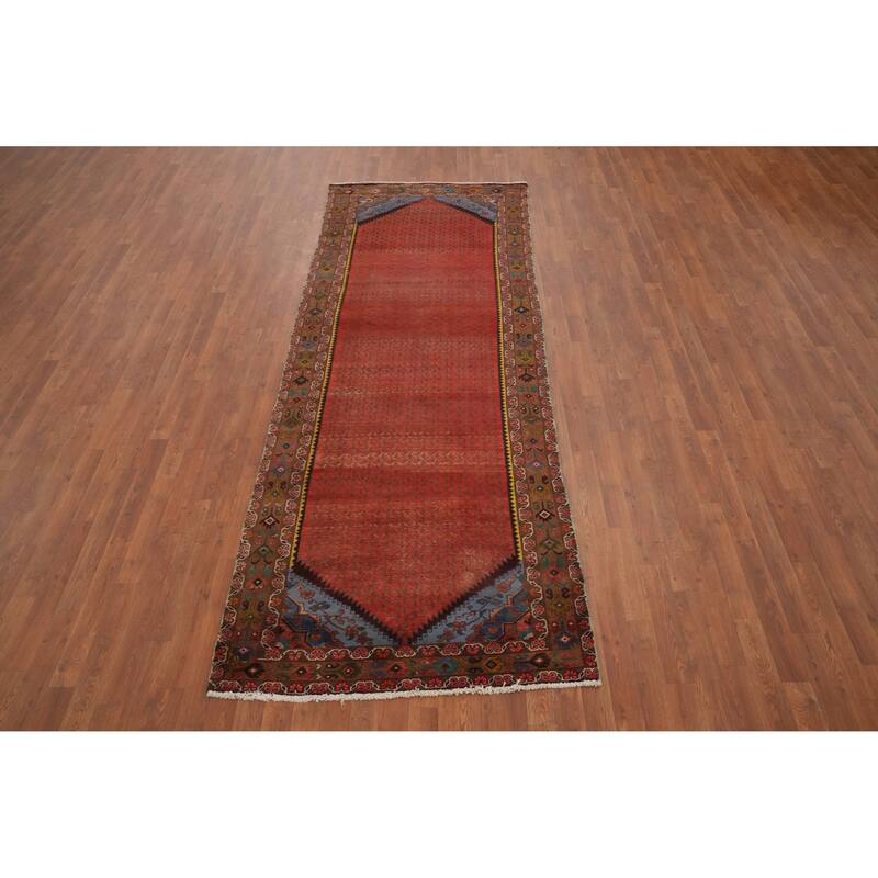Hand Knotted Oriental 100% Wool Carpet Traditional Geometric Oranges & Rust Botemir Runner Rug - 10' 3'' X 3' 9''