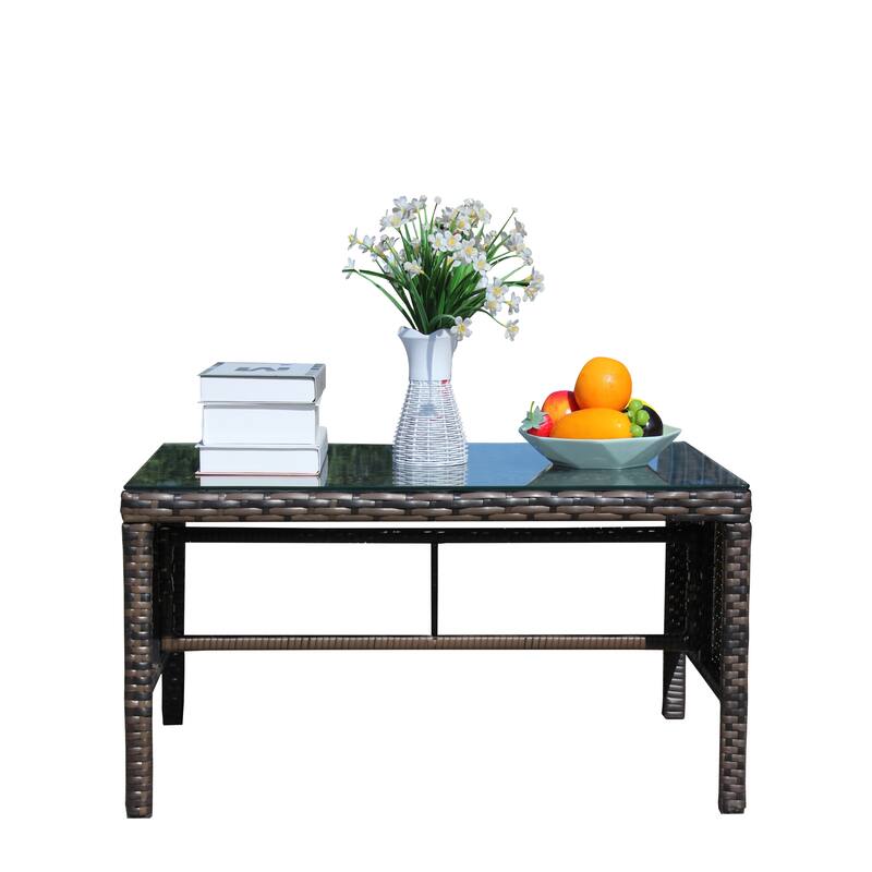 Anmytek Brown Wicker Patio Coffee Table with Tempered Glass Top, Rustic Modern Outdoor Furniture for Garden, Porch & Backyard