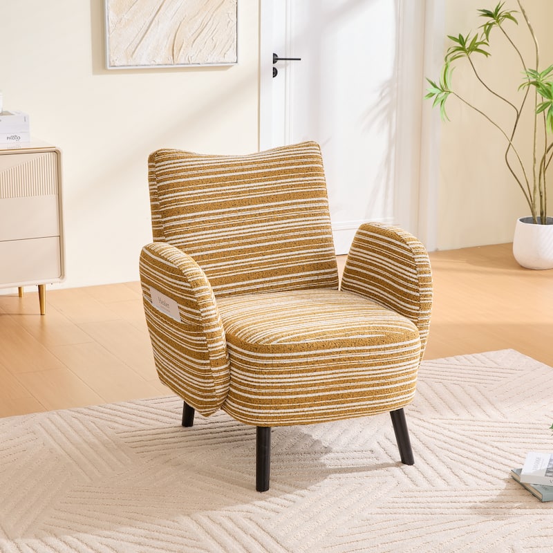 Boucle Upholstered Lounge Armchair, Reading Chair with Side Storage Pocket, Single Sofa Chair with Solid Wood Legs