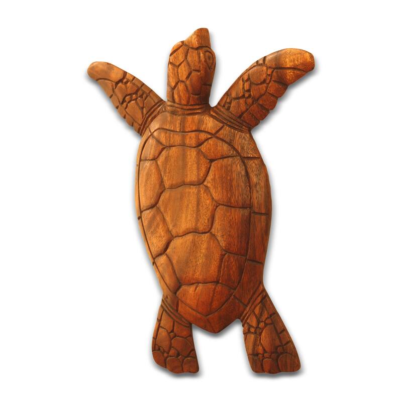 12" Wooden Tortoise Turtle Wall Hanging Home Decor Sculpture Statue Hand Carved Figurine Handmade Seaside Tropical Nautical