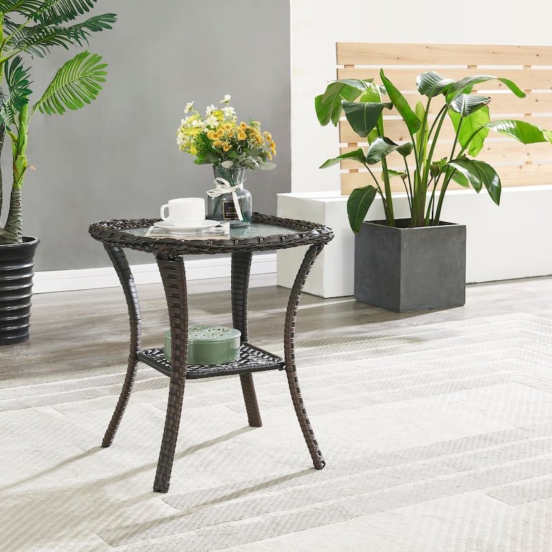 Pocassy Patio Wicker Coffee Table, Outdoor Rattan Side Table - 20"X20" - Brown