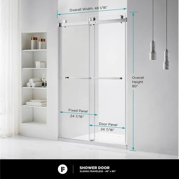 dimension image slide 22 of 25, Fine Fixtures Frameless Clear Sliding Bathroom Shower Door