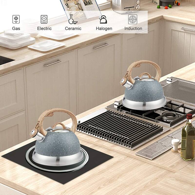 Creative Home 2.3 Qt. Stainless Steel Whistling Tea Kettle with Ergonomic Wood Rubber Touching Handle, Opaque Gray with Speckle