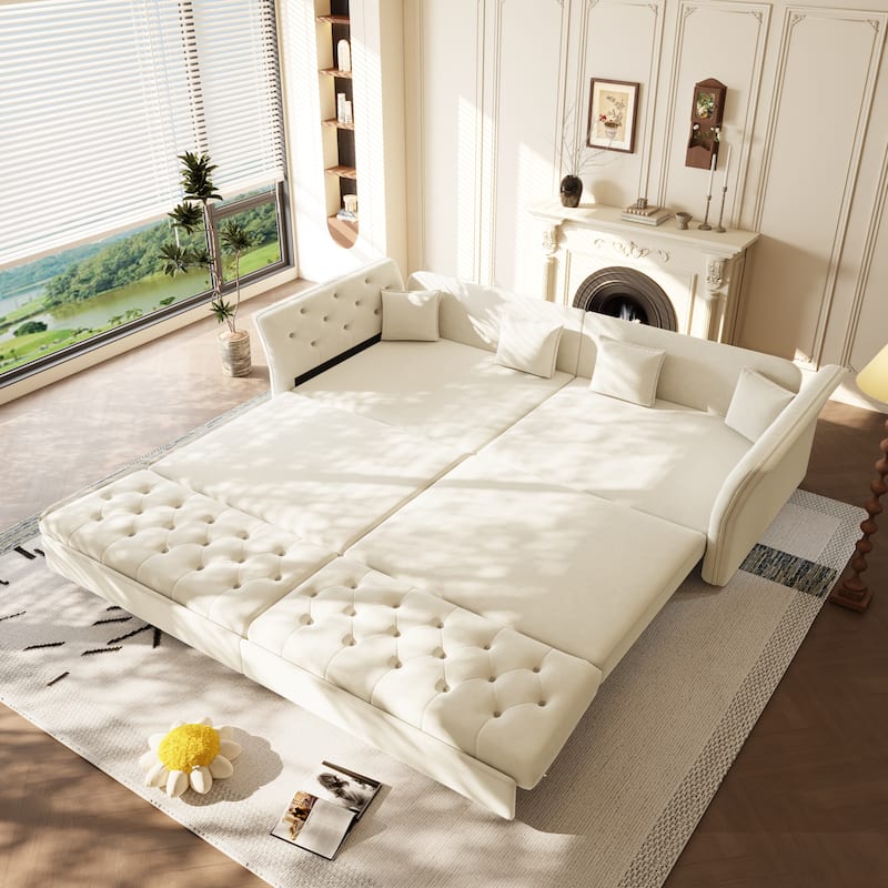 100" Oversize Pull Out Sofa Bed with Tufted Velvet Fabric - Convertible Sleeper Sofa for Living Room, Bedroom