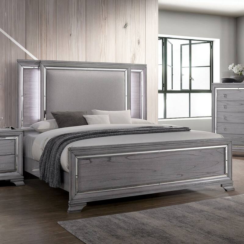 Queen Size Bed with LED Illuminated Headboard, Gray
