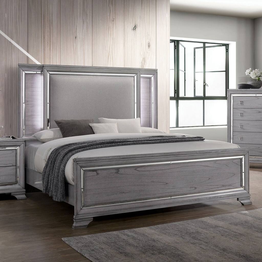 Queen Size Bed with LED Illuminated Headboard, Gray