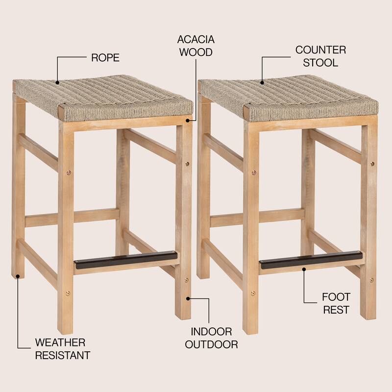 Armand Backless Acacia Wood Outdoor Stool with Woven Rope Seat, (Set of 2)