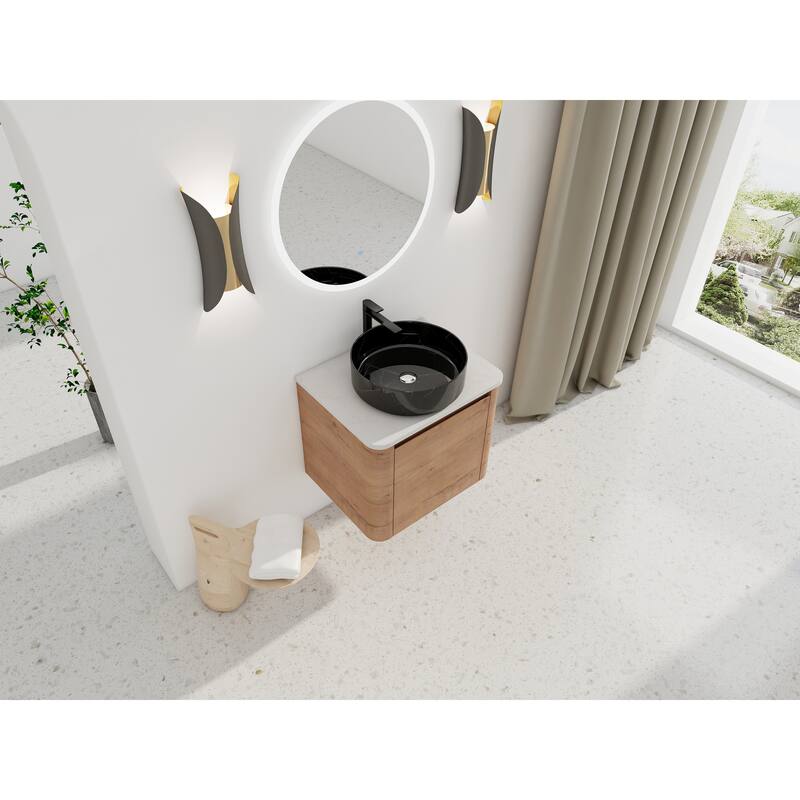 24'' Wall-Mounted Bathroom Vanity With Ceramic Art Sink & 1-Soft-Close Door,KD-Packing, Plywood