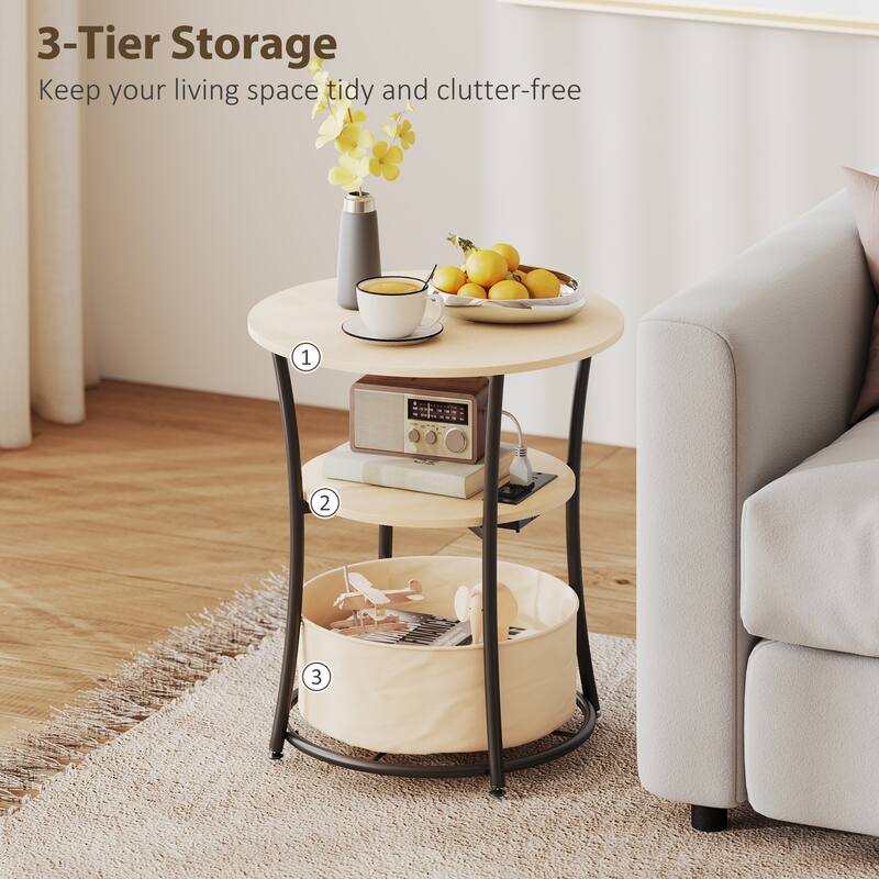 HOMCOM Round Side Table with Charging Station, 3-Tier End Table with Fabric Storage Bag, Shelf and Steel Frame for Living Room