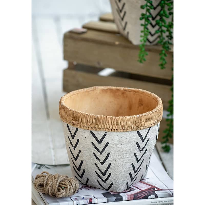 Set of 2 White and Brown Cement Planters with V Pattern, L:D10x8" S:D8x6.5"