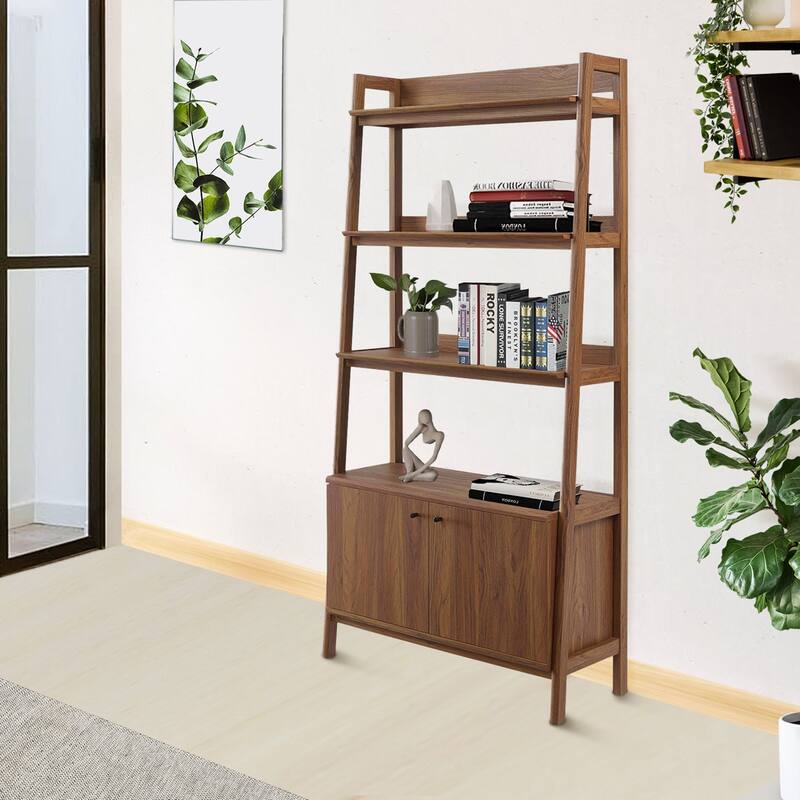 Balsam 5-Shelf Ladder Walnut Wooden Bookcase with Storage Cabinet - Walnut