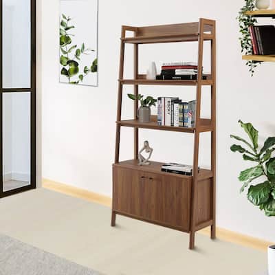 Balsam 5-Shelf Ladder Walnut Wooden Bookcase with Storage Cabinet