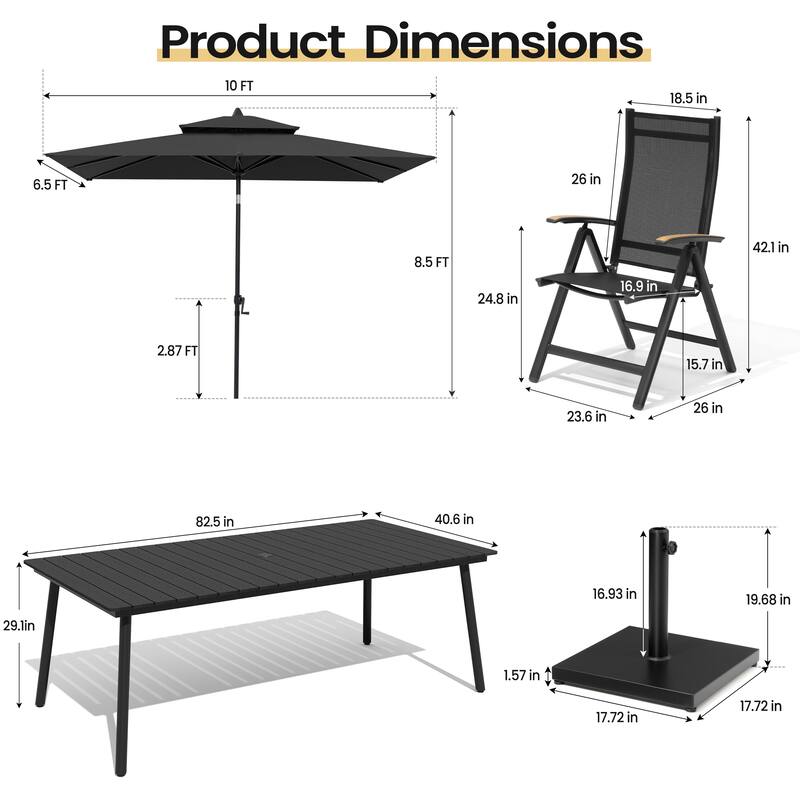 11PC Outdoor Patio Dining Set Aluminum Table with Folding Armchairs w/ Market Umbrella Sets