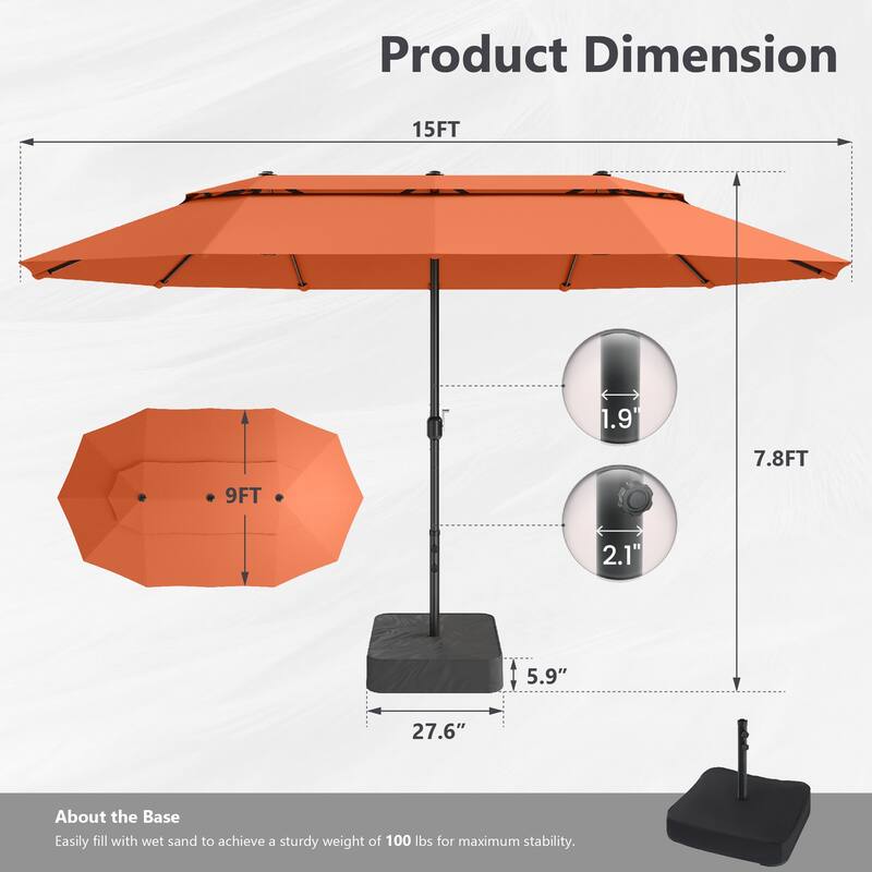 MAISON ARTS 15ft 2-Tier Large Patio Umbrella with Solar Lights, Double-Sided Outdoor Market Umbrellas with Base Included