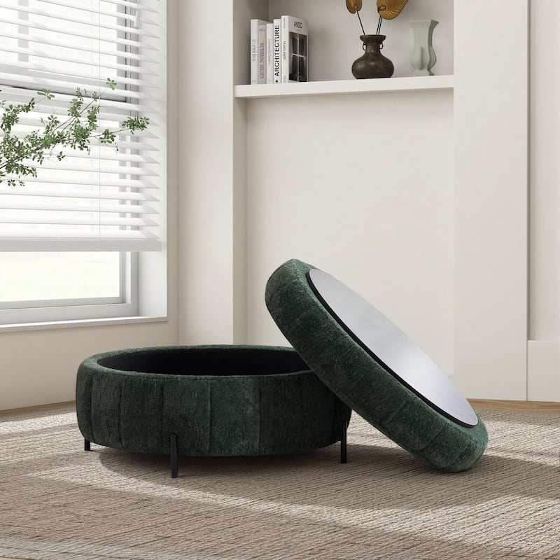 31.3"W Round Storage Ottoman, Footstool with Reversible Lid,Coffee Table,Metal Legs