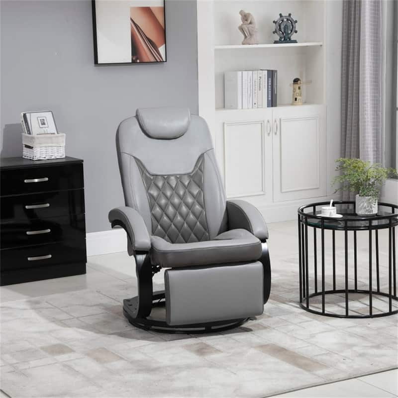 Grey PU Leather Recliner Chair with 360 Swivel Manual Recline Footrest Cup Holders and Side Pockets for Living Room