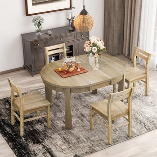 Farmhouse Round 5-Piece Wood Extendable Dining Table Set with Storage ...