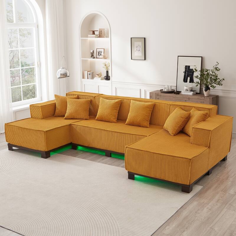 Roomfitters 130 Inch Modern U-Shaped Sectional Sofa with RGB LED Lights and 6 Pillows, Corduroy