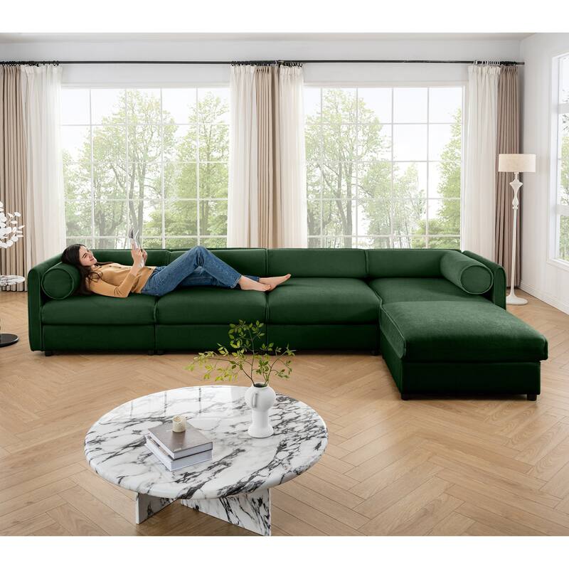 Modern 5-Piece L-Shaped Modular Sofa with Storage & 1 Storage Ottoman - Green