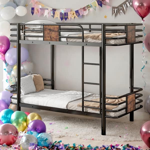 slide 2 of 18, Modern Twin XL over Twin XL Metal Bunk Bed With MDF Board Guardrail And Two Storage Drawers Black