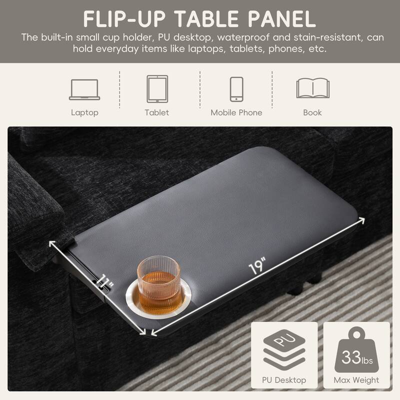 Tufted Chenille Sectional Sofa with Pull-out Bed, Flip-up Table Panel, Reading Lamp, Charging Ports, Storage Ottoman, 6 Pillows