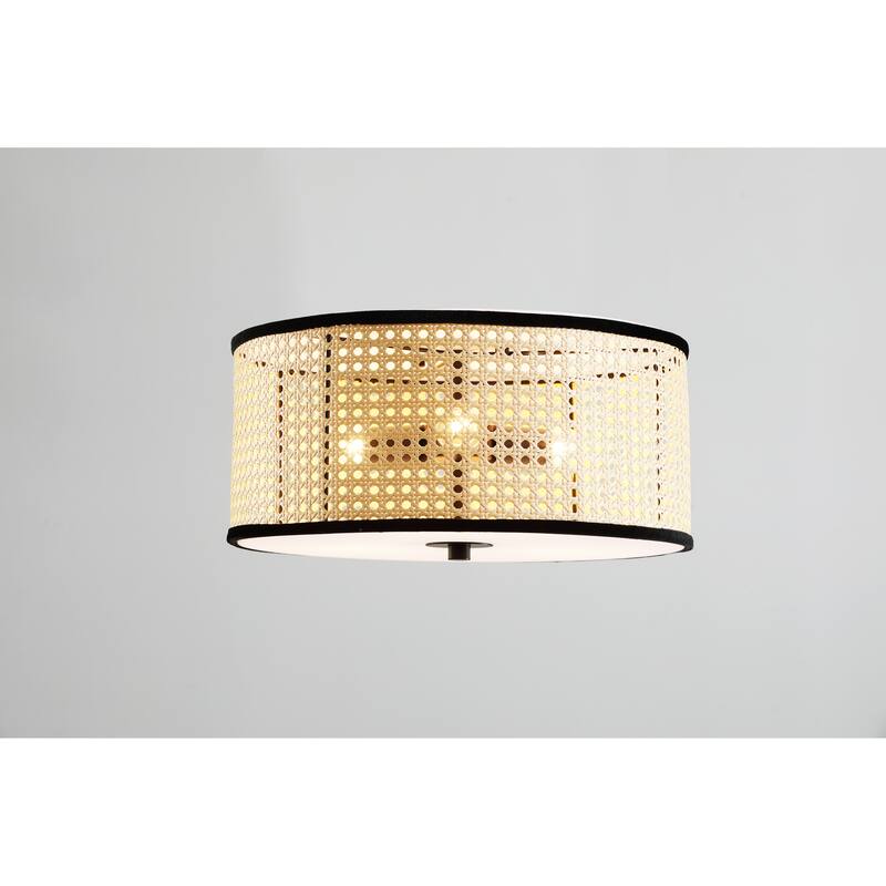 VidaLite Modern Bohemian 3 Light Flush Mount Fixture With PVC Rattan Shade and Velvet Stiched Rim