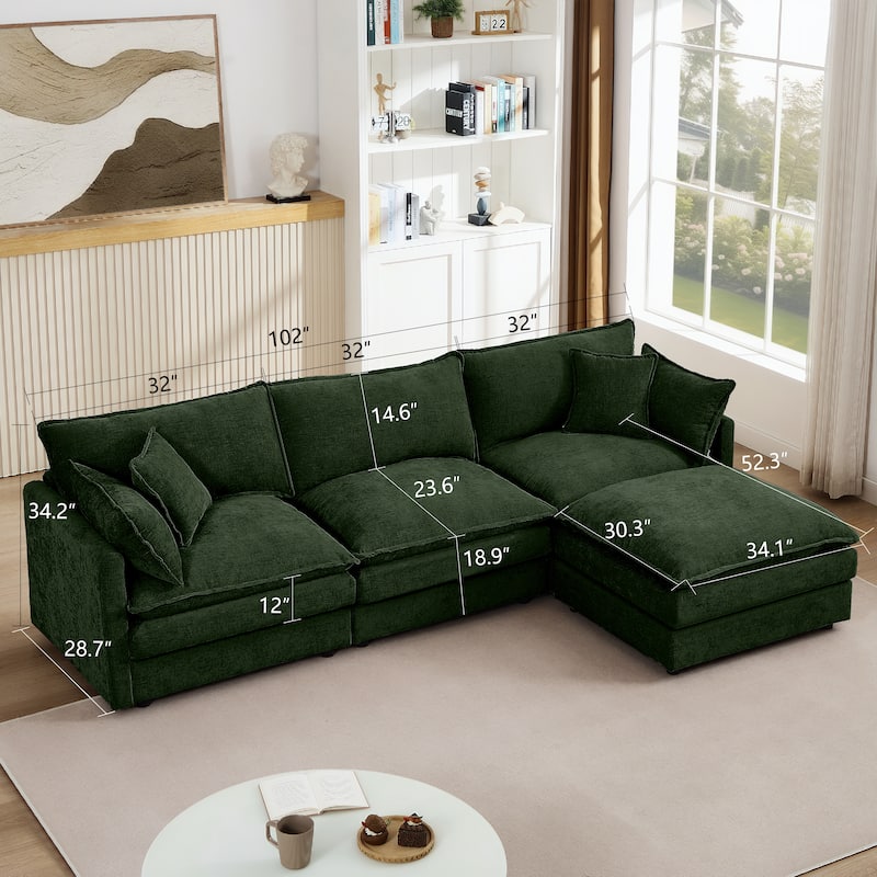 Modular Sectional Sofa, 102 Inch L Shaped Couch Set For Living Room, 3-Seater Comfy Cloud Couches With Movable Ottoman