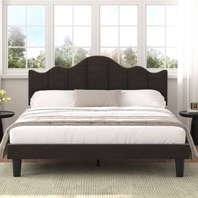 VECELO Modern Upholstered Platform Bed with Adjustable Headboard, Dark Blue/ White/ Grey/ Beige Bed Frames
