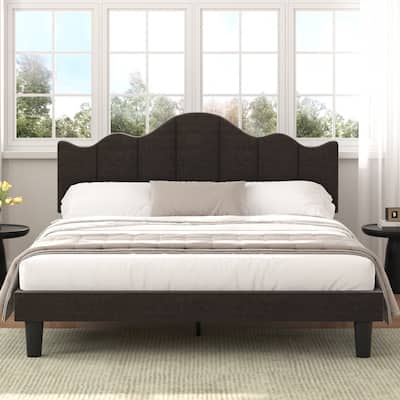 VECELO Modern Upholstered Platform Bed with Adjustable Headboard, Dark Blue/ White/ Grey/ Beige Bed Frames