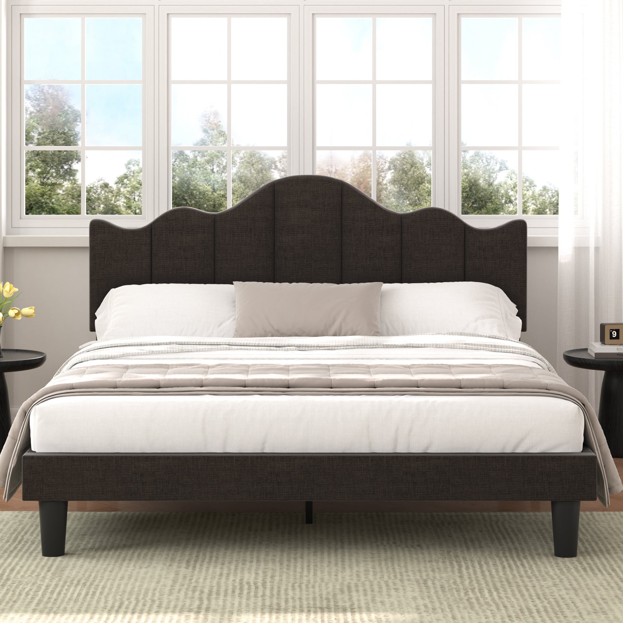 VECELO Modern Upholstered Platform Bed with Adjustable Headboard No Box Spring Needed Wave Headboard