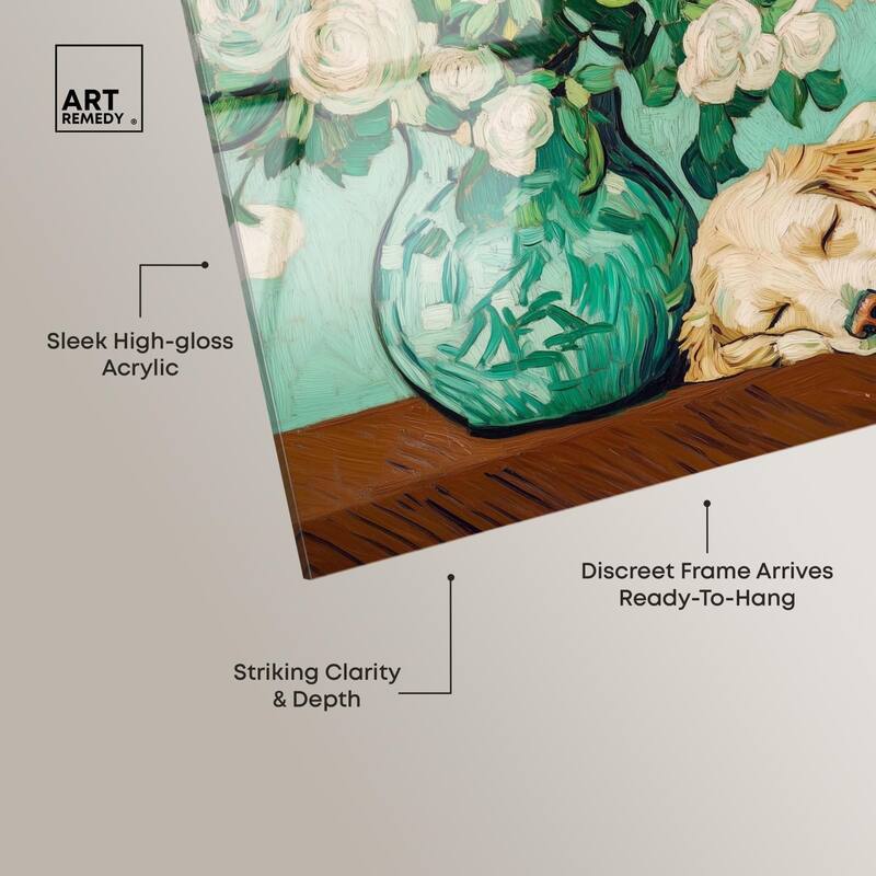 Rose Vase Puppy Acrylic by Art Remedy, Ready to Hang