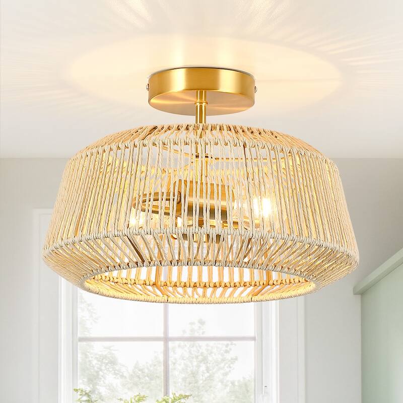 2-Light Rattan Semi-Flush Mount Ceiling Light - 14 in W