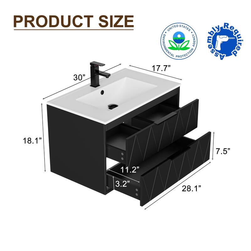 24"/30"/36"/48" Ceramic Vessel Sink Wall Mounted Bathroom Vanity Set