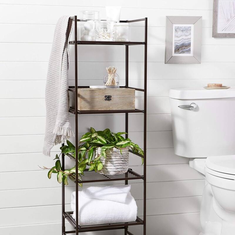 Space-Saving 4-Tier Black Iron Bathroom ShelfRust-Resistant Towel and Toiletry Organizer