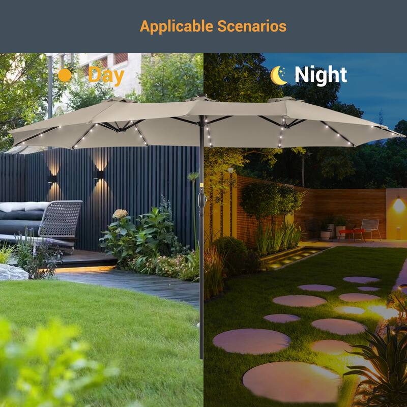 Livoosun 15×9FT LED Double-sided Patio Umbrella with BASE UPF50+ and Handle, and Wind-Resistant Design