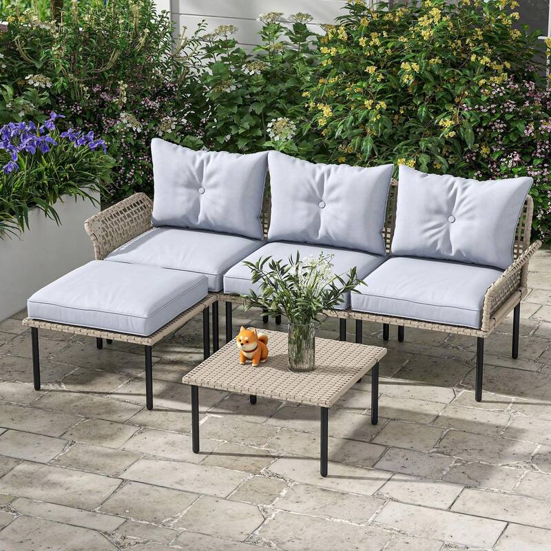 5PCS PE Rattan Patio Set, Sofa Chaise Coffee Table, White Weatherproof