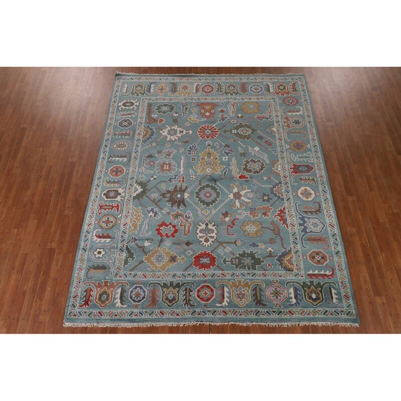 Floral Blue Oushak Oriental Area Rug Hand-Knotted Wool Carpet - 8'1"x 9'11"