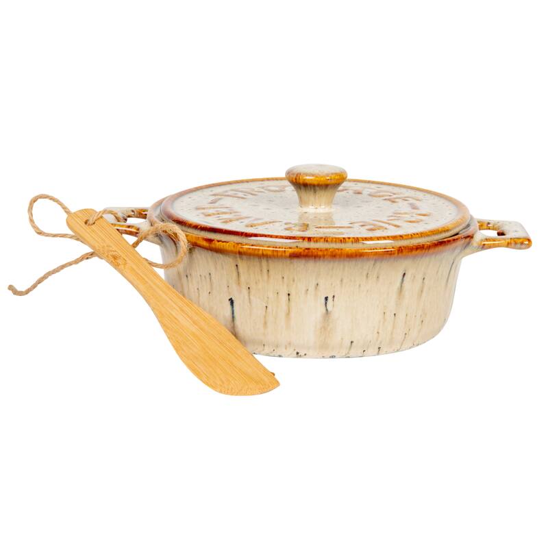 Stoneware Brie Baker with Bamboo Canapé Spreader Knife - 9.3"L x 7.0"W x 3.0"H