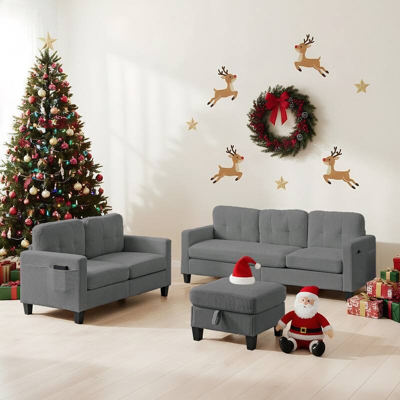Mixoy 76'' L-Shaped Sofa Set,Corduroy Sectional Sofa,Mid Century 3-Seater Sofa with Storage Ottoman/Loveseat/Single Sofa - 3+2 - Grey