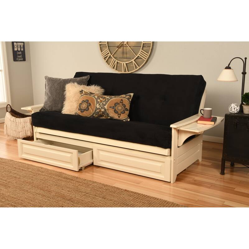 Somette Phoenix Futon Set in Antique White Wood with Innerspring Mattress and Storage Drawers - Suede Black