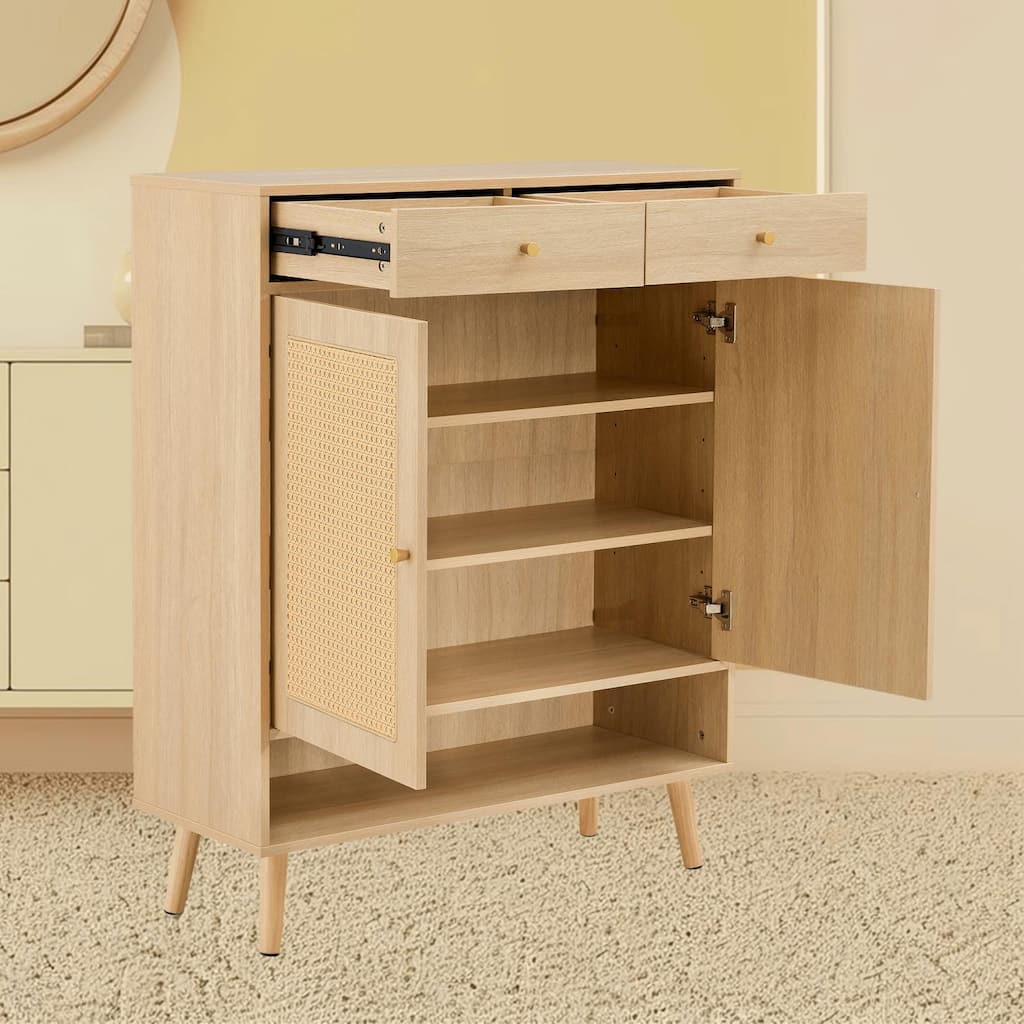 Stylish Rattan Shoe Organizer Rack Storage Cabinet with Wood Finish for Entryway, Hallway, Corridors, and Bedrooms