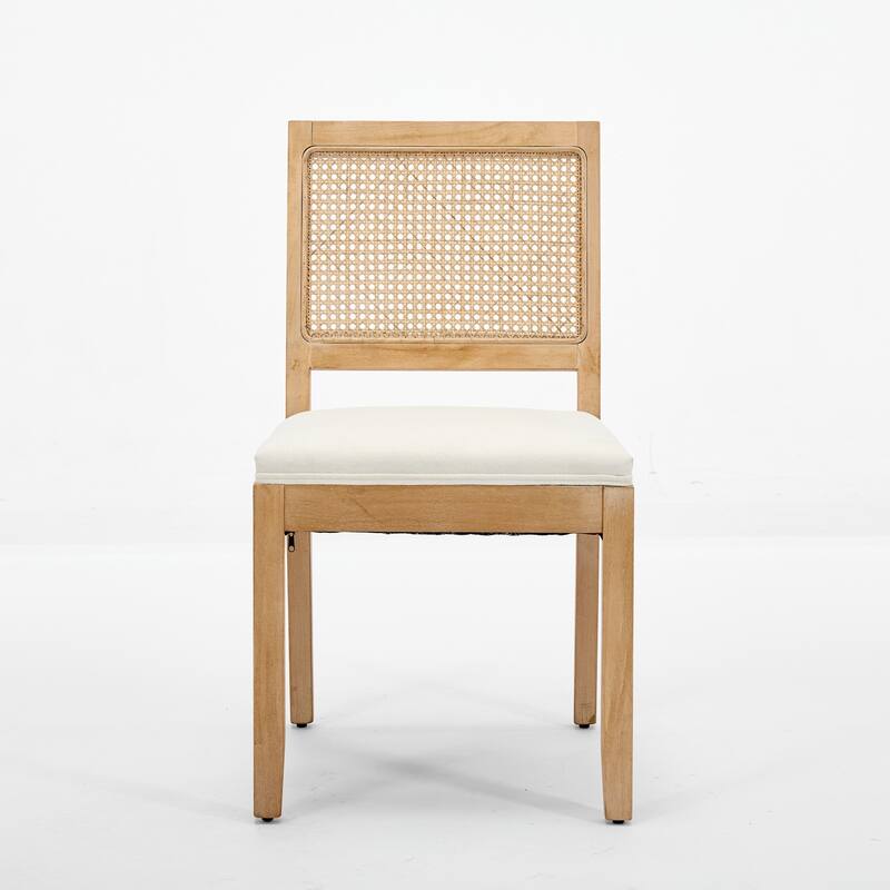 Farmhouse 2 Piece Linen Solid Wood Dining Chair with Mesh Rattan Backrest, Cushioned for Dining Room Kitchen Bedroom Living Room
