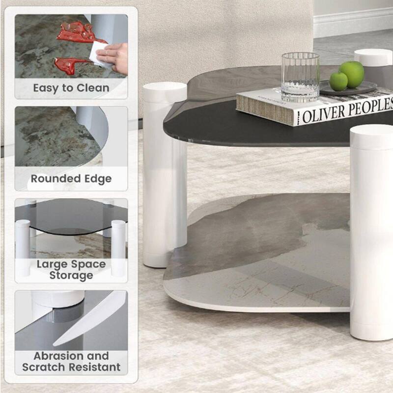 35 in. Square Tempered Glass and Stone Tabletop Modern Coffee Table with Steel legs