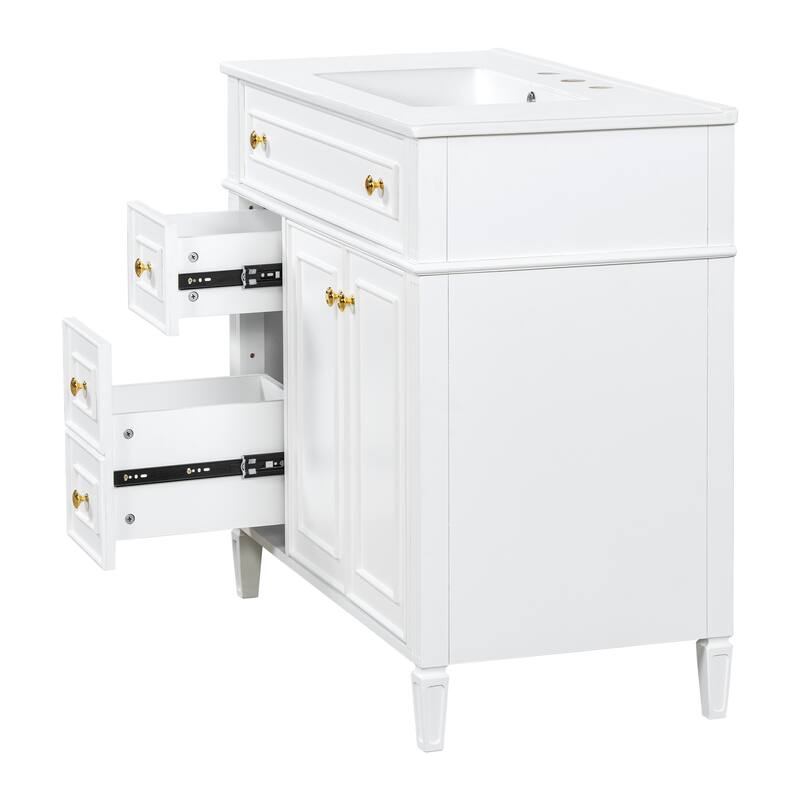 Modern 36 Inch Bathroom Vanity with Ceramic Sink, Solid Wood Frame Bathroom Storage Cabinet with Drawers and Gold Handles