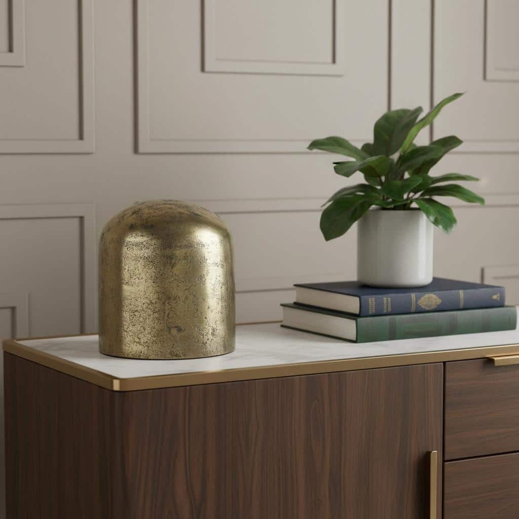 HomeRoots 7" Antiqued Brass Cast Aluminum Cylindrical Tabletop Sculpture - 6.50 in. x 7.00 in. x 6.50 in.