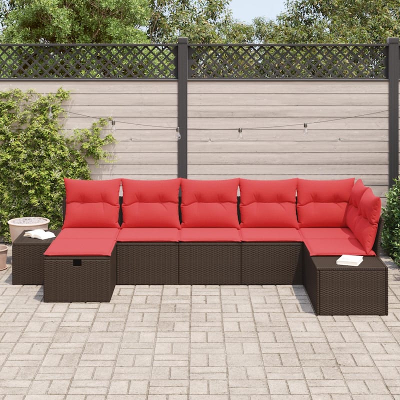 vidaXL 7/8 Garden Sofa Set with Cushions Black/Brown/Grey Poly Rattan - 125.6 x 60.6 x 27.2